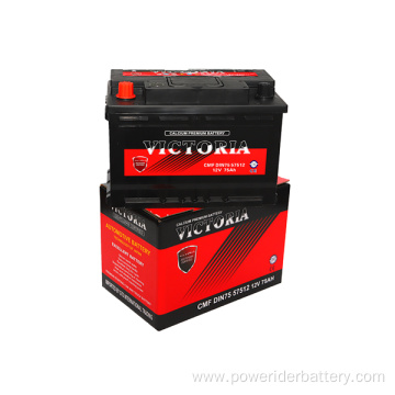 12v 75ah Din75 mf lead-acid car starting battery